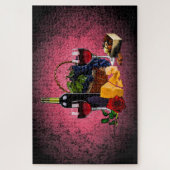 Romantisch wijnglas, flesje, kaas, druiven, roze legpuzzel (Verticaal)