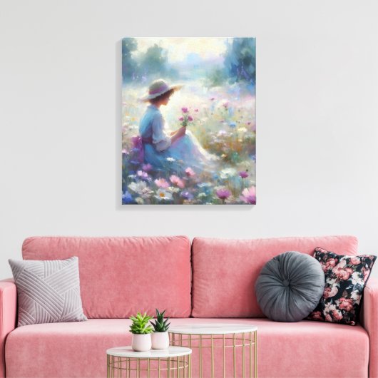 Romantisch Wildflower Meadow Girl Canvas Afdruk (Insitu (Woonkamer))