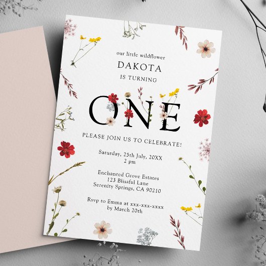 Romantisch Wildflower Meisje 1e Verjaardag Uitnodi Kaart