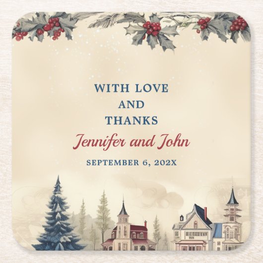 Romantisch Winter Bruiloft Vierkant Papier Onderze Kartonnen Onderzetters (Voorkant)