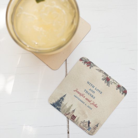 Romantisch Winter Bruiloft Vierkant Papier Onderze Kartonnen Onderzetters