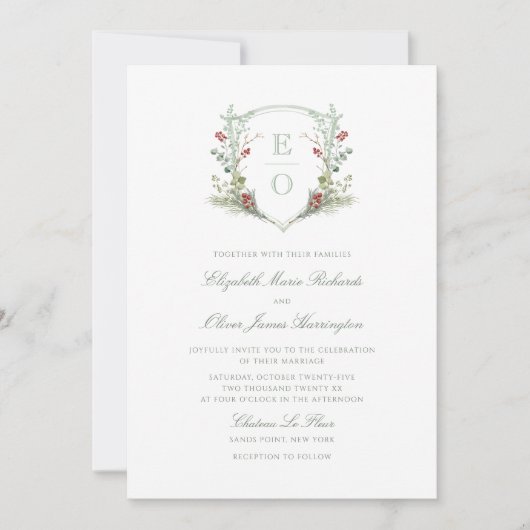 Romantisch Winter Greenery Monogram Crest Wedding Kaart (Voorkant)