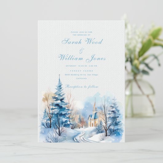 Romantisch winterbos en kerk Trouwen Kaart (Staand voorkant)