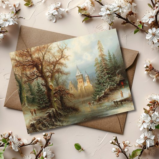 Romantisch winterlandschap met schaatsers briefkaart
