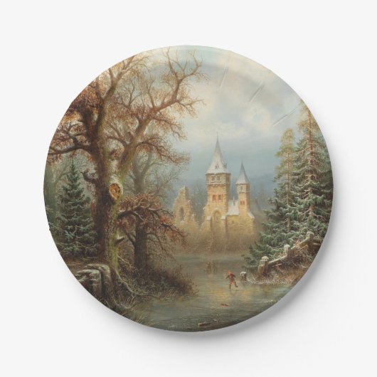 Romantisch winterlandschap met schaatsers papieren bordje (Voorkant)