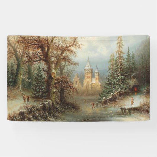 Romantisch winterlandschap met schaatsers spandoek (Horizontaal)