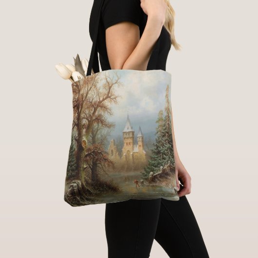 Romantisch winterlandschap met schaatsers tote bag (Dichtbij)