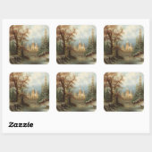 Romantisch winterlandschap met schaatsers vierkante sticker (Vel)