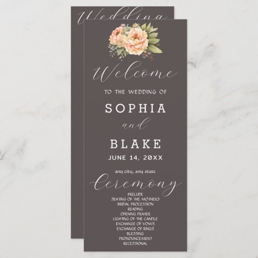 Romantisch wit bloemenas grijs bruiloft programma (Voorkant / Achterkant)