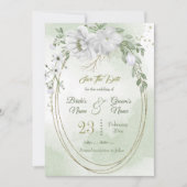 Romantisch wit groen ovaal lijst save the date (Voorkant)