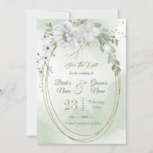 Romantisch wit groen ovaal lijst save the date (Voorkant)