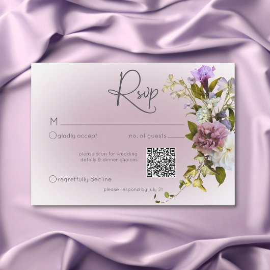 Romantisch Wit & Paarse Bloemen Modern Huwelijk QR RSVP Kaartje