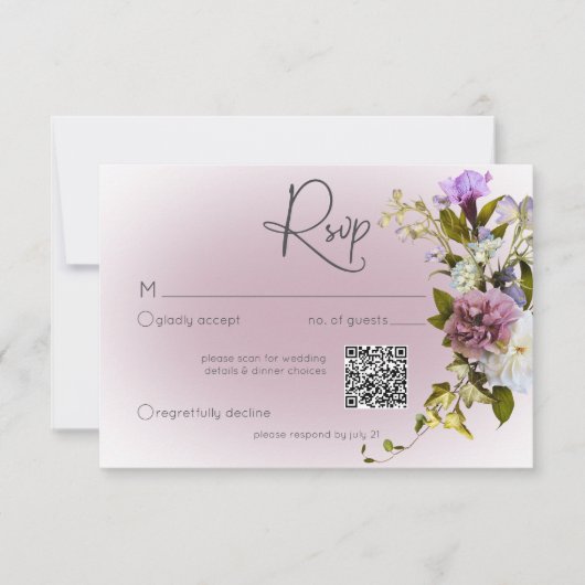 Romantisch Wit & Paarse Bloemen Modern Huwelijk QR RSVP Kaartje (Voorkant)