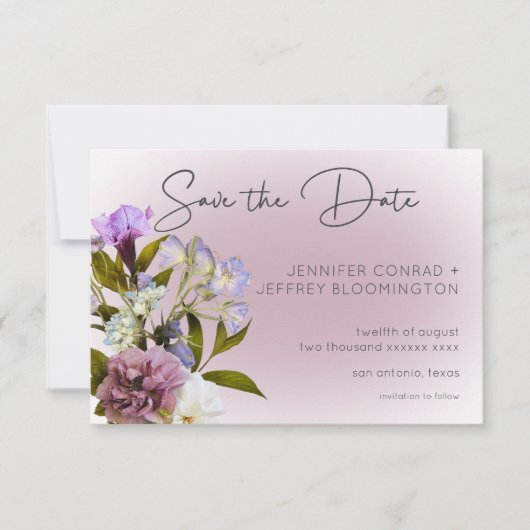 Romantisch Wit & Paarse Bloemen Modern Huwelijk Save The Date (Voorkant)