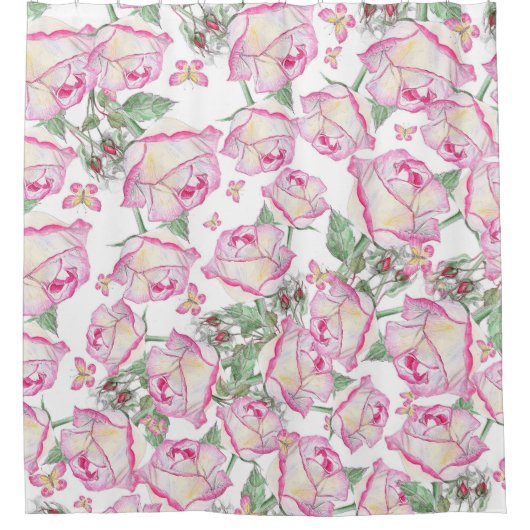 Romantisch wit roze geel zomer roos floraal douchegordijn (Voorkant)