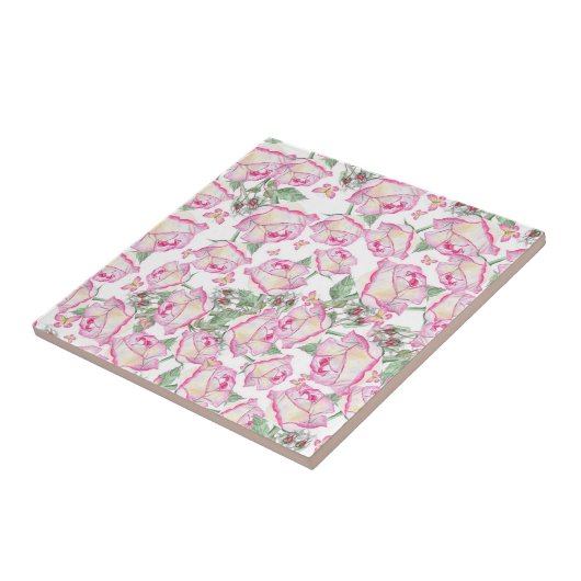 Romantisch wit roze geel zomer roos floraal tegeltje (Zijkant)