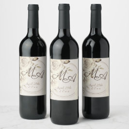 Romantisch Wit Rustiek Rozen Bruiloft Monogram Wijn Etiket