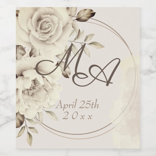 Romantisch Wit Rustiek Rozen Bruiloft Monogram Wijn Etiket (Enkel label)