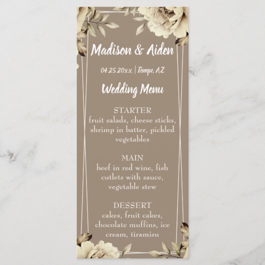 Romantisch Wit Rustiek Rozen Flat Menu (Voorkant)