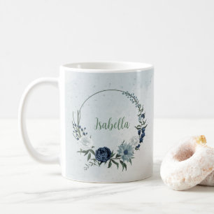 romantisch wit stoffig &marineblauw bloemmotief koffiemok