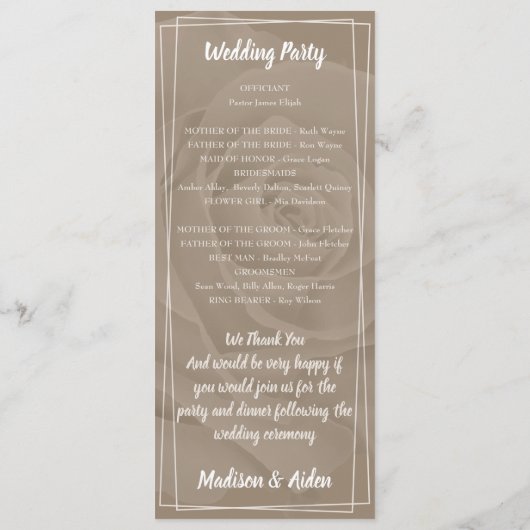 Romantisch Witte Landelijke Rozen Vlak Programma Programmakaart (Achterkant)