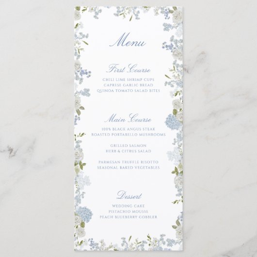 Romantisch Zacht Blauw Bloemen Bruiloft Menu (Voorkant)