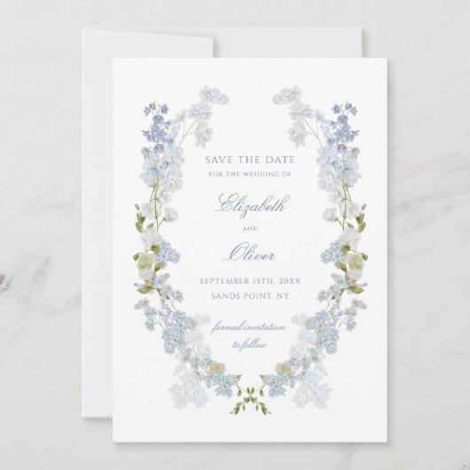 Romantisch Zacht Blauw  Bloemen Bruiloft Save The Date (Voorkant)