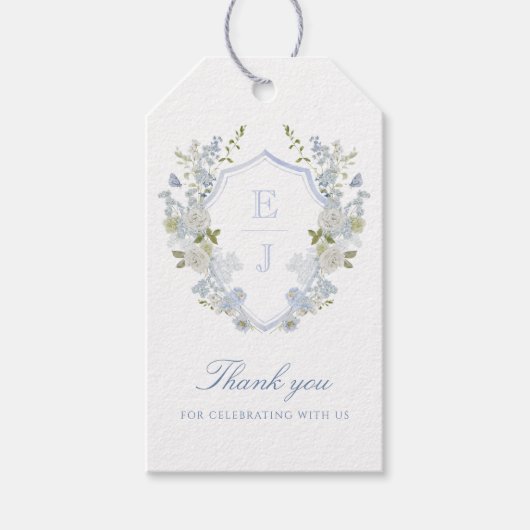 Romantisch Zacht Blauw Monogram Crest Bruiloft Cadeaulabel (Voorkant)