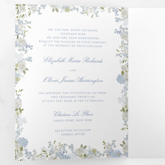 Romantisch Zacht Blauw  Monogram Crest Bruiloft Drieluik Uitnodiging (Binnenzijde eerst)