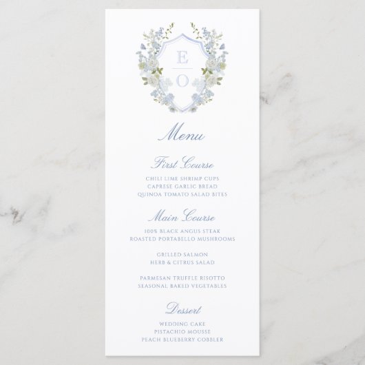 Romantisch Zacht Blauw  Monogram Crest Bruiloft Menu (Voorkant)