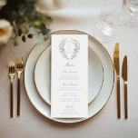 Romantisch Zacht Blauw  Monogram Crest Bruiloft Menu<br><div class="desc">Elegant huwelijksmenu, verfraaid met een prachtige zachte blauwe bloemenbruiloft monogram kuif en klassieke kalligrafie. De monogram kuif voegt een vleugje elegantie toe aan de menukaart. Het heeft een ingewikkeld zacht blauw en groen botanisch ontwerp dat zowel tijdloos als uniek is. De elegante kalligrafie voegt een persoonlijke touch toe aan het...</div>