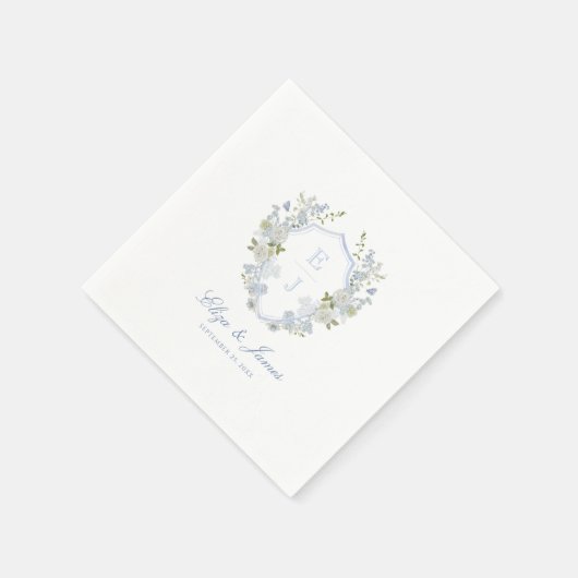 Romantisch Zacht Blauw Monogram Crest Bruiloft Servet (Hoek)