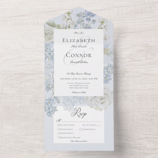 Romantisch Zacht Blauw & Wit Tuin Bloemendiner All In One Uitnodiging (Binnen)