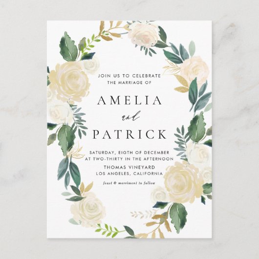 Romantisch Zacht Ivoor Bloemen Krans QR Code Huwel Uitnodiging Briefkaart (Voorkant)