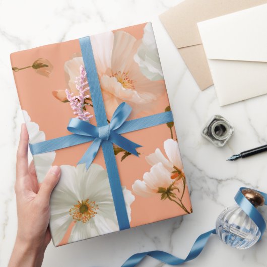 Romantisch zachte perzik bloem witte bloemmotief cadeaupapier (Geschenken)