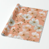Romantisch zachte perzik bloem witte bloemmotief cadeaupapier (Uitgerold)