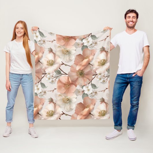 Romantisch zachte perzik bloem witte bloemmotief fleece deken (In situ)
