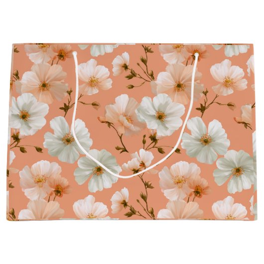 Romantisch zachte perzik bloem witte bloemmotief groot cadeauzakje (Voorkant)