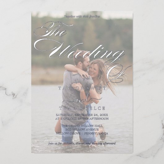 Romantisch | Zilver Foil Faded Photo Weddenschap Folie Uitnodiging (Voorkant)
