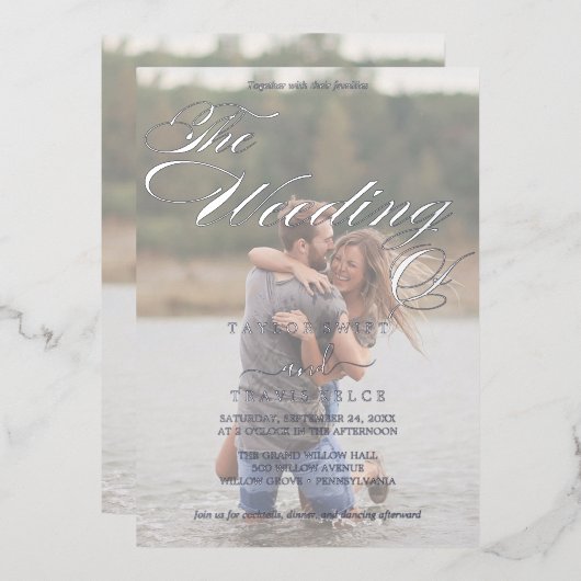 Romantisch | Zilver Foil Faded Photo Weddenschap Folie Uitnodiging (Voorkant / Achterkant)