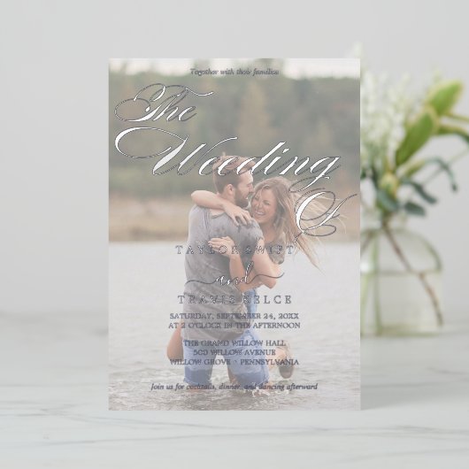 Romantisch | Zilver Foil Faded Photo Weddenschap Folie Uitnodiging (Staand Voorkant)