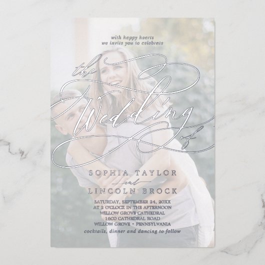 Romantisch | Zilver Foil Faded Photo Weddenschap Folie Uitnodiging (Voorkant)