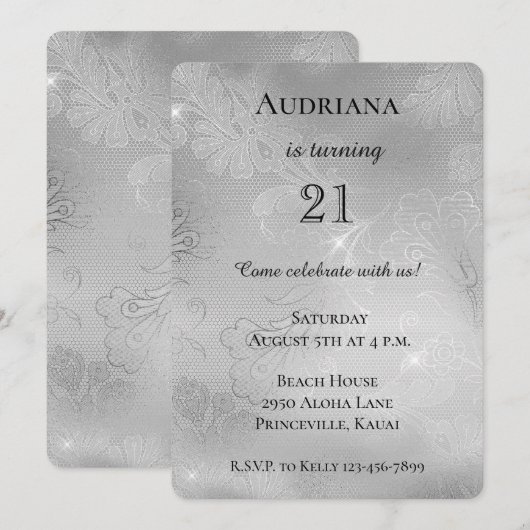 Romantisch Zilveren Bloemen Kant Verjaardag Kaart (Voorkant / Achterkant)