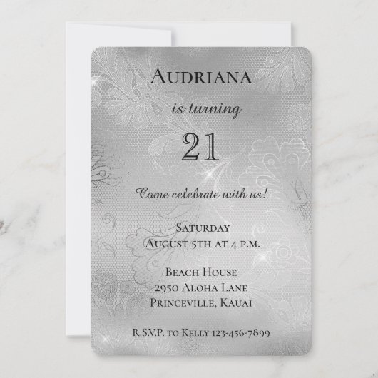 Romantisch Zilveren Bloemen Kant Verjaardag Kaart (Voorkant)