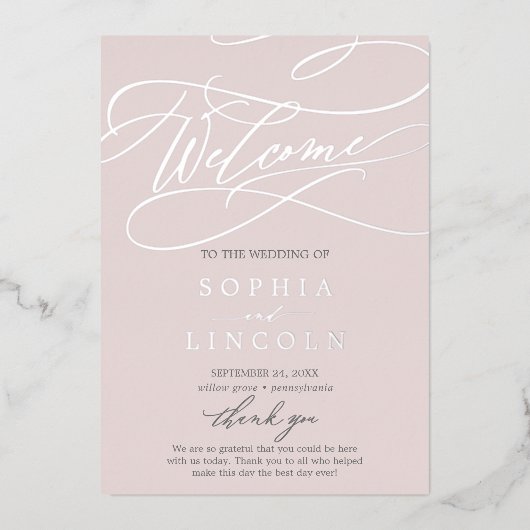 Romantisch Zilverfolie Grijs Roze Trouwprogramma Folie Uitnodiging (Voorkant)