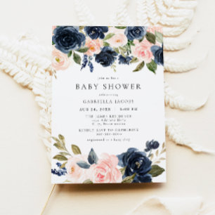 Romantisch & Zoet Navy Blush Bloemen Baby shower Kaart