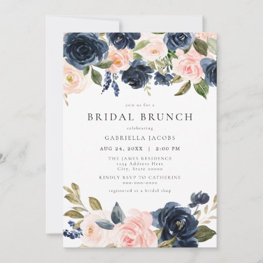 Romantisch & Zoet Navy Blush Bloemen Bruids Brunch Kaart (Voorkant)