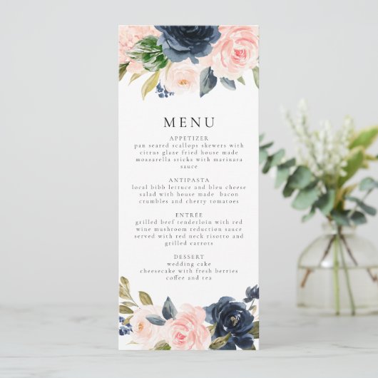 Romantisch & Zoet Navy Blush Bloemen Diner Kaart (Staand voorkant)