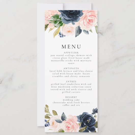 Romantisch & Zoet Navy Blush Bloemen Diner Kaart (Voorkant)