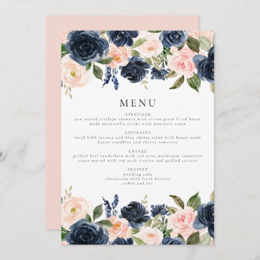 Romantisch & Zoet Navy Blush Bloemen Diner Menu Kaart (Voorkant / Achterkant)